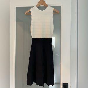 Ted Baker dress, navy blue and white, silver tone zip in the back.